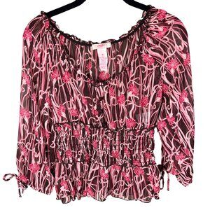 VTG Y2K Candies Womens M Babydoll Top Sheer Brown Pink Floral Fairy Whimsy